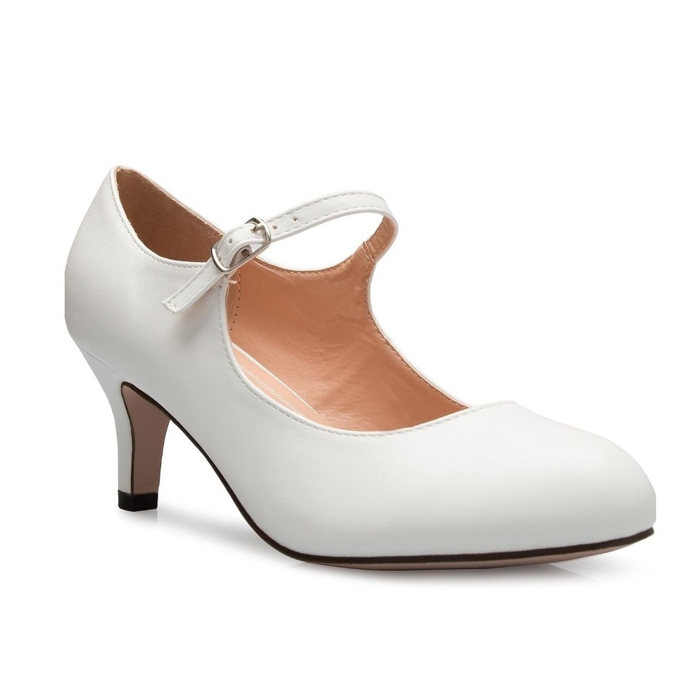 Olivia K Mary Jane Pumps Womens 8.5 White Kona-2C Buckle Strap Kitten Heel Retro